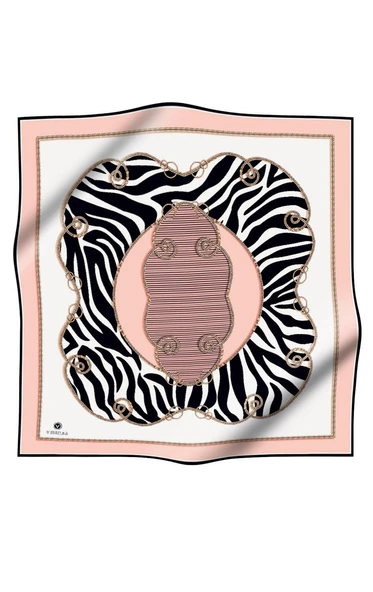 %100 Twill İpek Zincirli Ve Zebra Desenli Pudra - Krem Renkli 90x90 Eşarp Dikim Şekli : El Dikişi - Resim 2