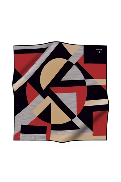 %100 Twill İpek Geometrik Çizgi Desenli Bej - Kırmızı Renkli 90x90 Eşarp Kenar Dikiş Şekli El Dikişli - Resim 2