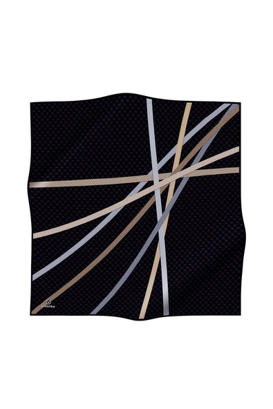 %57 İPEK %43 VİSKON Twill İpek Monogram Ve Şerit Desenli Siyah - Bej Renkli 90x90 Eşarp Dikim Şekli : El Dikişi - Resim 2
