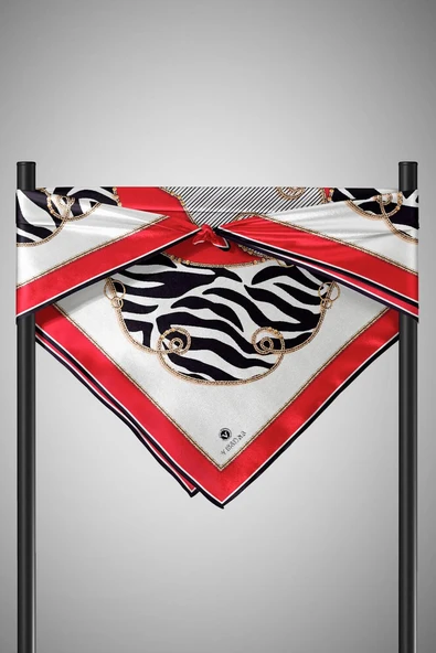 %100 Twill İpek Zincirli Ve Zebra Desenli Kırmızı - Siyah Renkli 90x90 Eşarp Dikim Şekli : El Dikişi - Resim 5