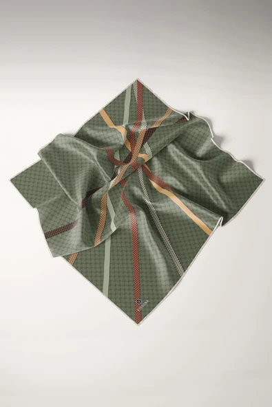 %100 Twill İpek Monogram Ve Şerit Desenli Haki - Taba Renkli 90x90 Eşarp Dikim Şekli : El Dikişi - Resim 5