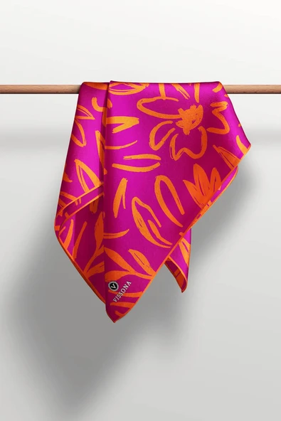 % 57 İPEK % 43 VİSKON Twill İpek Büyük Çiçek Desenli Fuşya - Turuncu Renkli 90x90 Eşarp Dikim Şekli : El Dikişi - Resim 5