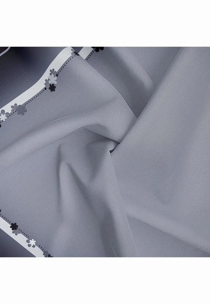 %100 Twill İpek Kenar Motifi Çiçek Desenli Gri - Gümüş Renkli 90x90 Eşarp Dikim Şekli : El Dikişi - Resim 5