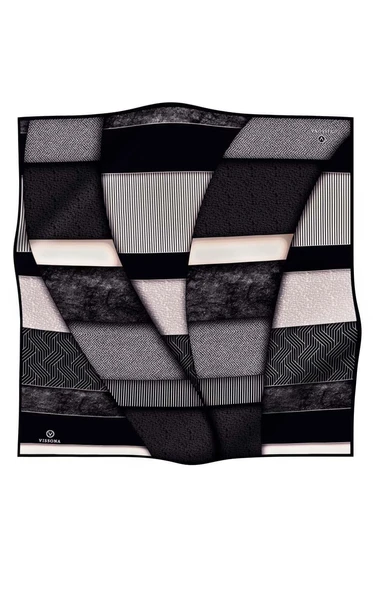 %100 Twill İpek Dokulu ve Geometrik Desenli Siyah - Kremi Renkli 90x90 Eşarp Dikim Şekli : El Dikişi - Resim 2