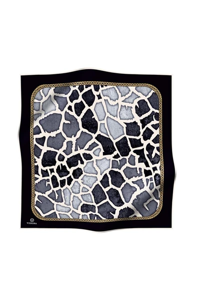%100 Twill İpek Zürafa Desenli Siyah - Gri Renkli 90x90 Eşarp Dikim Şekli : El Dikişi - Resim 2