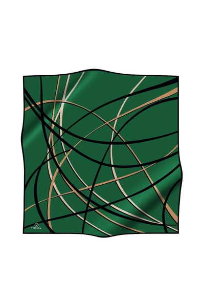 %100 Twill İpek Çizgili Desenli Zümrüt Yeşili - Siyah Renkli 90x90 Eşarp Dikim Şekli : El Dikişi - Resim 2