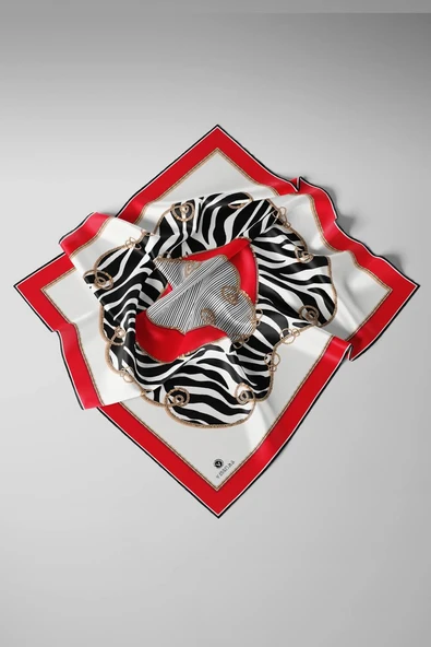 %100 Twill İpek Zincirli Ve Zebra Desenli Kırmızı - Siyah Renkli 90x90 Eşarp Dikim Şekli : El Dikişi - Resim 6