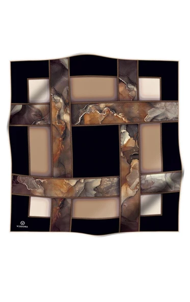 % 57 İPEK % 43 VİSKON Twill İpek Efektli Bant Desenli Siyah - Krem Renkli 90x90 Eşarp Dikim Şekli : El Dikişi - Resim 2