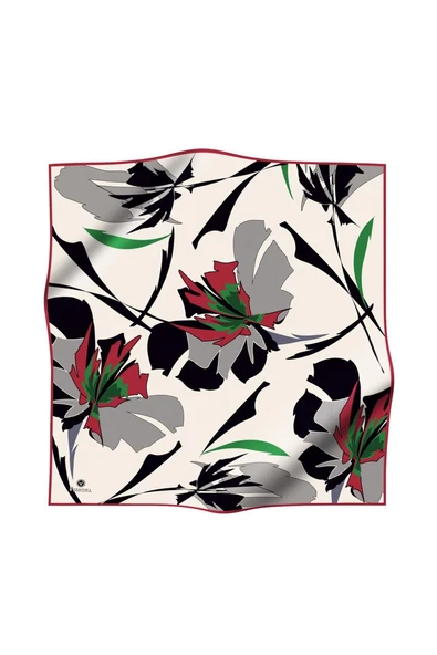 %100 Twill İpek Çiçek Desenli Krem - Bordo Renkli 90x90 Eşarp Dikim Şekli : El Dikişi - Resim 2