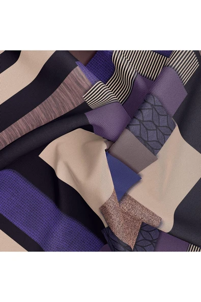%100 Twill İpek Geometrik Desenli Mor - Siyah Renkli 90x90 Eşarp Dikim Şekli : El Dikişi - Resim 6