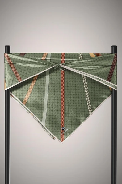 %100 Twill İpek Monogram Ve Şerit Desenli Haki - Taba Renkli 90x90 Eşarp Dikim Şekli : El Dikişi - Resim 4