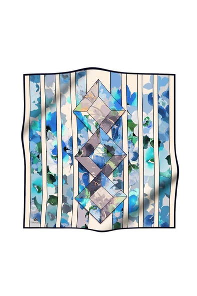 %100 Twill İpek Bahar Çiçekleri Desenli Bebe Mavisi - İndigo Renkli 90x90 Eşarp Kenar Dikiş Şekli El Dikişli - Resim 2