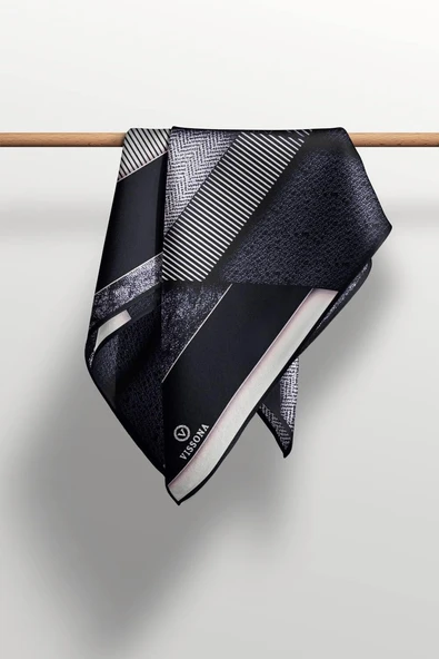 %100 Twill İpek Dokulu ve Geometrik Desenli Siyah - Kremi Renkli 90x90 Eşarp Dikim Şekli : El Dikişi - Resim 3