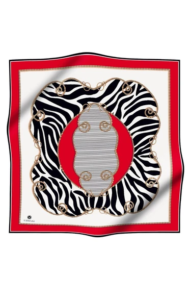 %100 Twill İpek Zincirli Ve Zebra Desenli Kırmızı - Siyah Renkli 90x90 Eşarp Dikim Şekli : El Dikişi - Resim 2