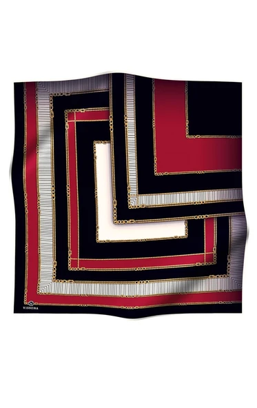 %100 Twill İpek Zincir Detaylı Geometrik Desenli Bordo - Siyah Renkli 90x90 Eşarp Dikim Şekli : El Dikişi - Resim 2