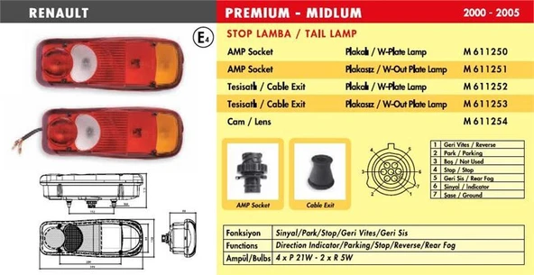 MARS STOP LAMBA / PLAKASIZ RENAULT PREMİUM DAF XF-CF-LF BMC YM  RENAULT MASTER KAMYONET(TESİSATLI KABLOLU ürün görseli 1