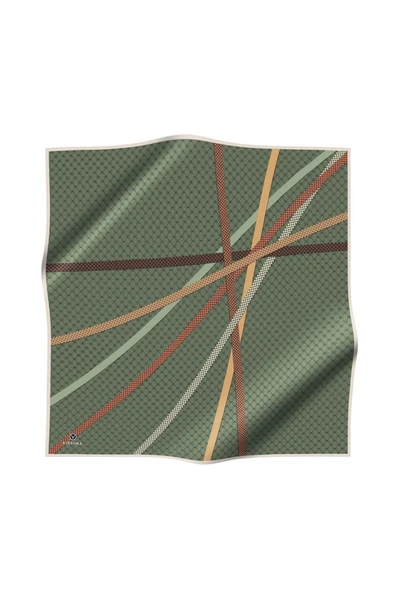 %100 Twill İpek Monogram Ve Şerit Desenli Haki - Taba Renkli 90x90 Eşarp Dikim Şekli : El Dikişi - Resim 2