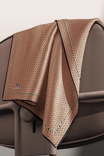 %100 Twill İpek Zincir Desenli Bakır - Siyah Renkli 90x90 Eşarp Dikim Şekli : El Dikişi - Resim 6