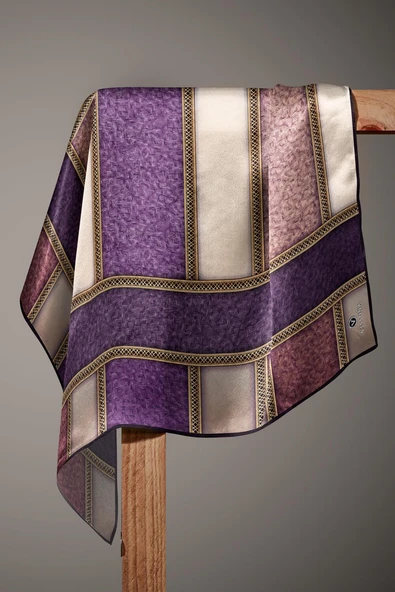 %100 Twill İpek Dokulu Ve Şerit Desenli Mor - Somon Renkli 90x90 Eşarp Dikim Şekli : El Dikişi - Resim 4