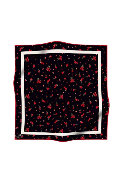 100% Twill İpek Bordürlü Çıtır Çiçek Desenli Siyah - Kırmızı Renkli 90x90 Dikim Şekli : El Dikişi Eşarp - Resim 2