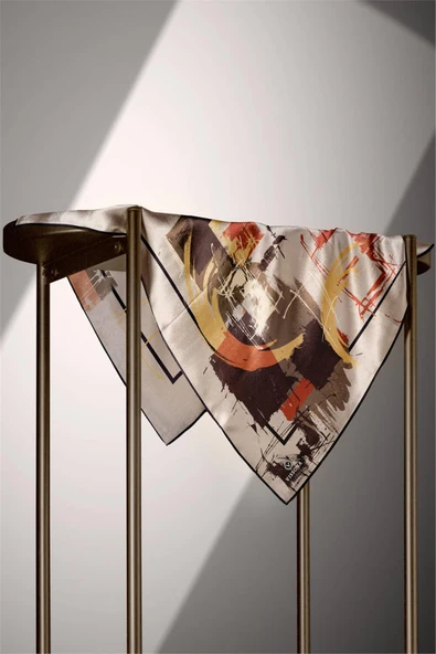 %57 İPEK %43 VİSKON Twill İpek Geometrik Desenli Bej - Taba Renkli 90x90 Eşarp Dikim Şekli : El Dikişi - Resim 6