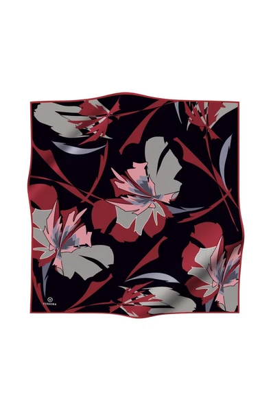 %100 Twill İpek Çiçek Desenli Siyah - Bordo Renkli 90x90 Eşarp Dikim Şekli : El Dikişi - Resim 2