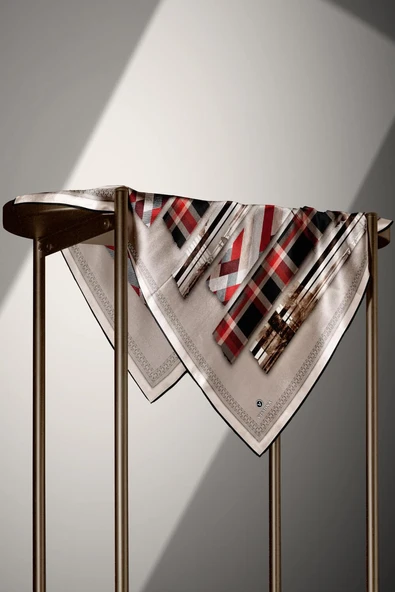 %100 Twill İpek Ekose Desenli Bej - Kırmızı Renkli 90x90 Eşarp Dikim Şekli : El Dikişi - Resim 6