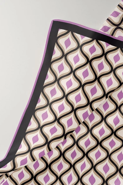 %100 Twill İpek Etnik Desenli Lila Renkli 90x90 Eşarp Dikim Şekli : El Dikişi - Resim 4