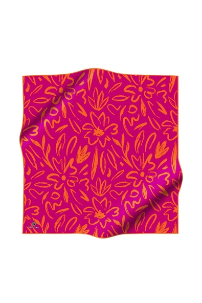 % 57 İPEK % 43 VİSKON Twill İpek Büyük Çiçek Desenli Fuşya - Turuncu Renkli 90x90 Eşarp Dikim Şekli : El Dikişi - Resim 2