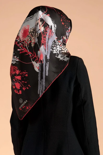 %100 Twill İpek Suluboya Çiçek Desenli Siyah - Bordo Renkli 90x90 Eşarp Dikim Şekli : El Dikişi - Resim 5