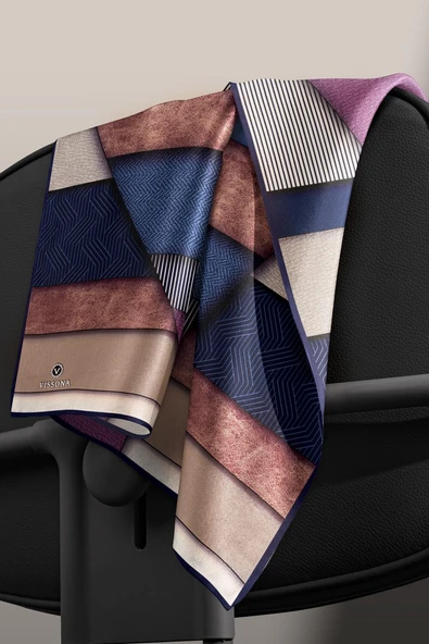 %100 Twill İpek Dokulu ve Geometrik Desenli Lacivert - Mürdüm Renkli 90x90 Eşarp Dikim Şekli : El Dikişi - Resim 6