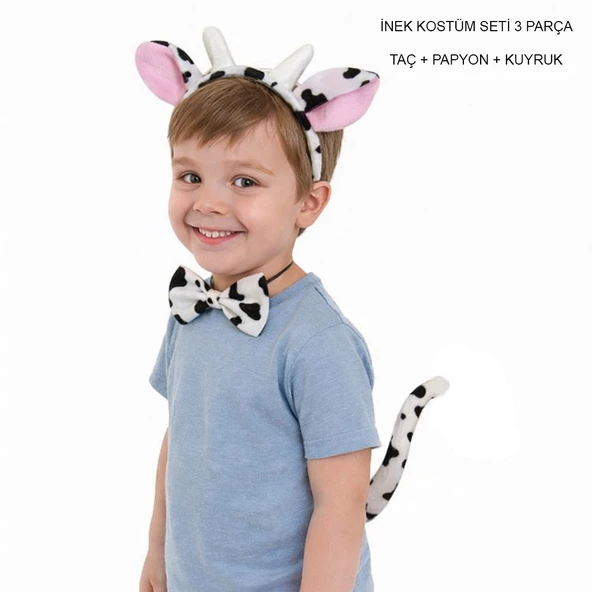 İnek Kostüm Aksesuar Seti 3 lü - Taç Papyon Kuyruk ürün görseli 1