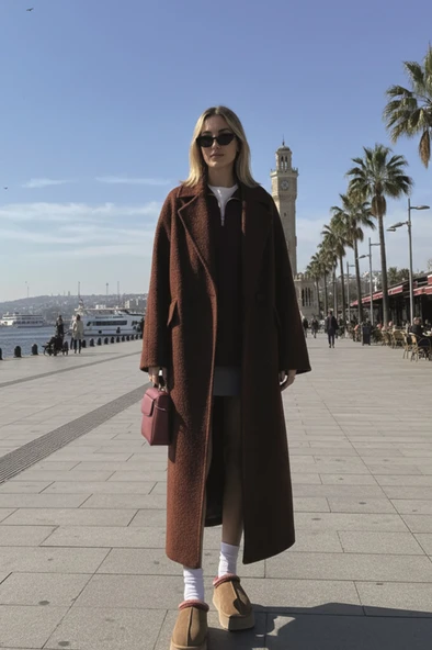 Kışlık Astarlı Detaylı Kadın Kaşmir Kaban - Resim 3