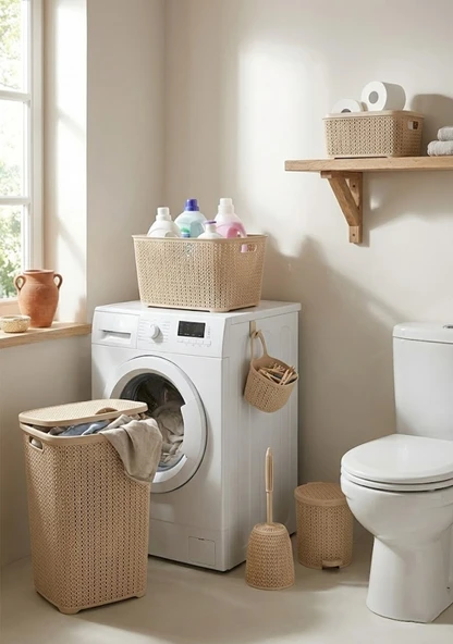 6 Parça Dekoratif Örgü Desenli Banyo ve Çamaşır Seti - Çeyiz Seti - Resim 6