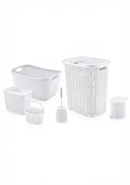 6 Parça Dekoratif Örgü Desenli Banyo ve Çamaşır Seti - Çeyiz Seti - Resim 10