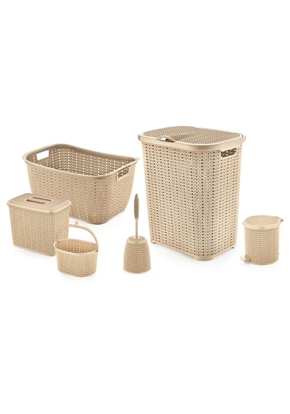 6 Parça Dekoratif Örgü Desenli Banyo ve Çamaşır Seti - Çeyiz Seti - Resim 7