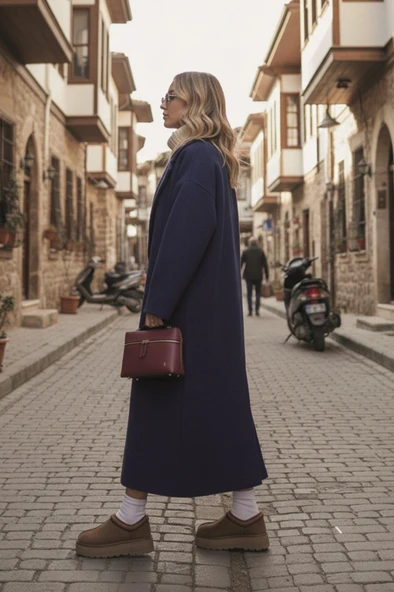 Kışlık Astarlı Sırtı Detaylı Kadın Kaşmir Kaban - Resim 4