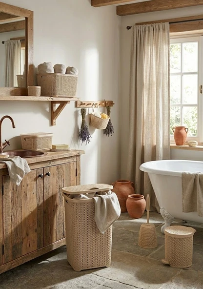 6 Parça Dekoratif Örgü Desenli Banyo ve Çamaşır Seti - Çeyiz Seti ürün görseli 1