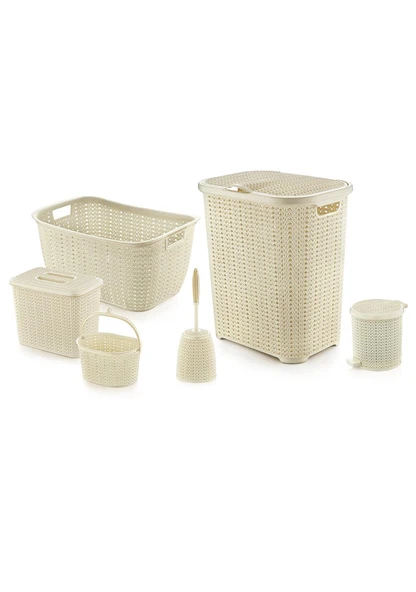 6 Parça Dekoratif Örgü Desenli Banyo ve Çamaşır Seti - Çeyiz Seti - Resim 4