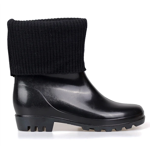 Kadın Siyah Örgü Bilekli PVC Yağmur Botu | Kaymaz Tabanlı Su Geçirmez Günlük ve Outdoor Bot - Resim 4