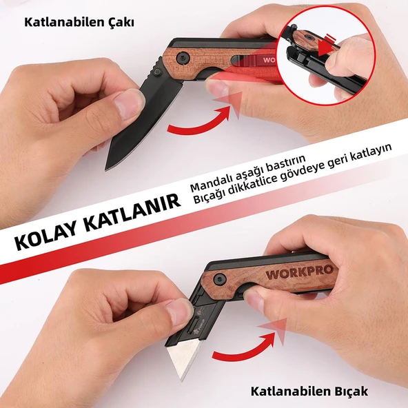 WORKPRO WP211015 2-IN-1 Ahşap Saplı Profesyonel Cep Çakısı & Katlanır Rötuş Maket Bıçağı + 11 Adet Yedek Bıçak - Resim 5