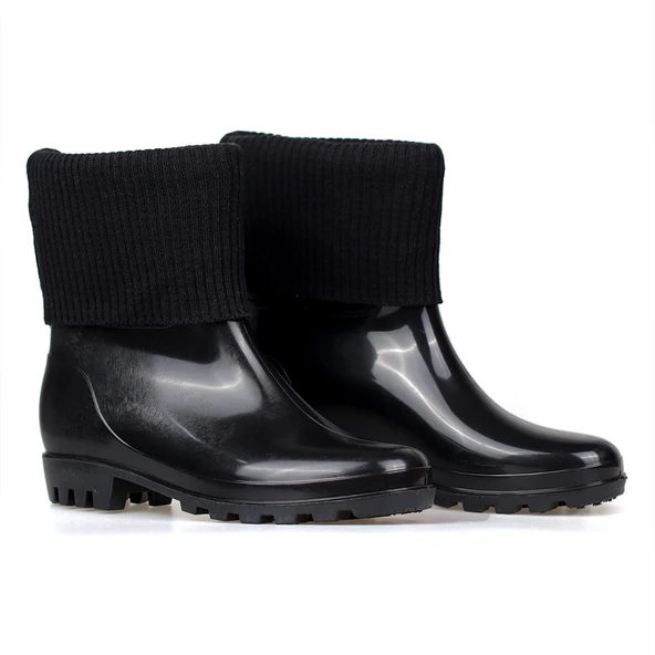 Kadın Siyah Örgü Bilekli PVC Yağmur Botu | Kaymaz Tabanlı Su Geçirmez Günlük ve Outdoor Bot ürün görseli 1