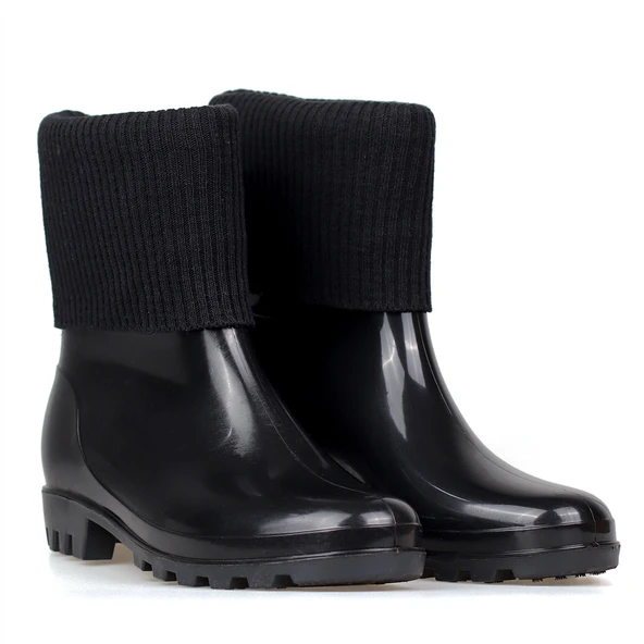 Kadın Siyah Örgü Bilekli PVC Yağmur Botu | Kaymaz Tabanlı Su Geçirmez Günlük ve Outdoor Bot - Resim 6