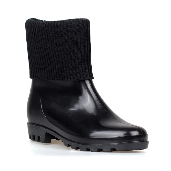 Kadın Siyah Örgü Bilekli PVC Yağmur Botu | Kaymaz Tabanlı Su Geçirmez Günlük ve Outdoor Bot - Resim 7