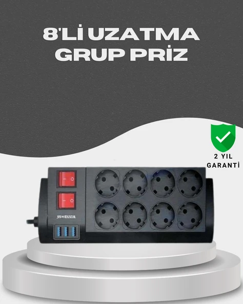 Akım Korumalı 8’li Priz 3 USB’li Uzatma Kablosu Isıya Dayanıklı 2 Metre ürün görseli 1
