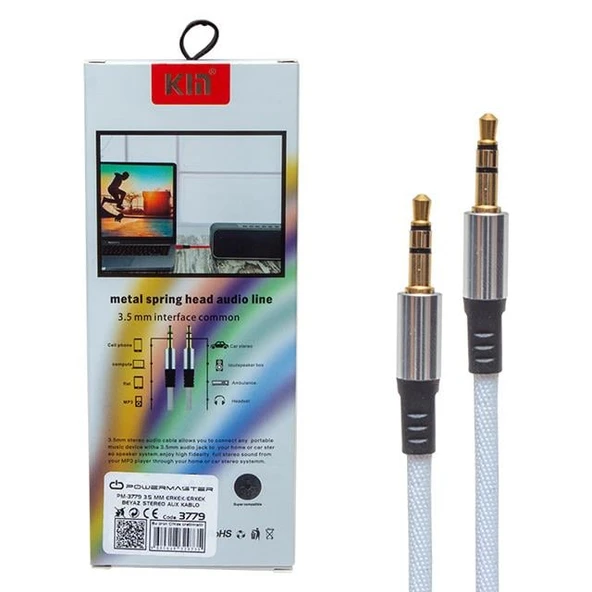 Powermaster PM-3779 Beyaz 3.5 Mm Erkek/Erkek 115 Cm Stereo Aux Kablo - Resim 2