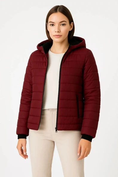 Kadın Şişme Kapüşonlu Fermuarlı Mont Su itici Kapitone Astarlı Kumaş Cepli Kışlık Rahat Kalıp - Bordo - Resim 5