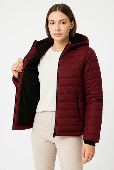 Kadın Şişme Kapüşonlu Fermuarlı Mont Su itici Kapitone Astarlı Kumaş Cepli Kışlık Rahat Kalıp - Bordo ürün görseli 1