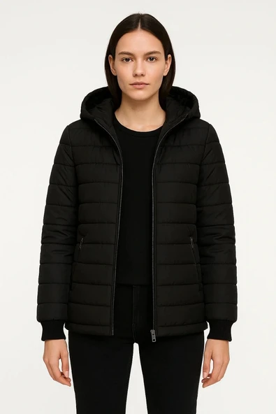 Kadın Şişme Kapüşonlu Fermuarlı Mont Su itici Kapitone Astarlı Kumaş Cepli Kışlık Rahat Kalıp - Siyah - Resim 3