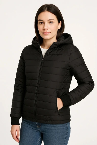 Kadın Şişme Kapüşonlu Fermuarlı Mont Su itici Kapitone Astarlı Kumaş Cepli Kışlık Rahat Kalıp - Siyah - Resim 5